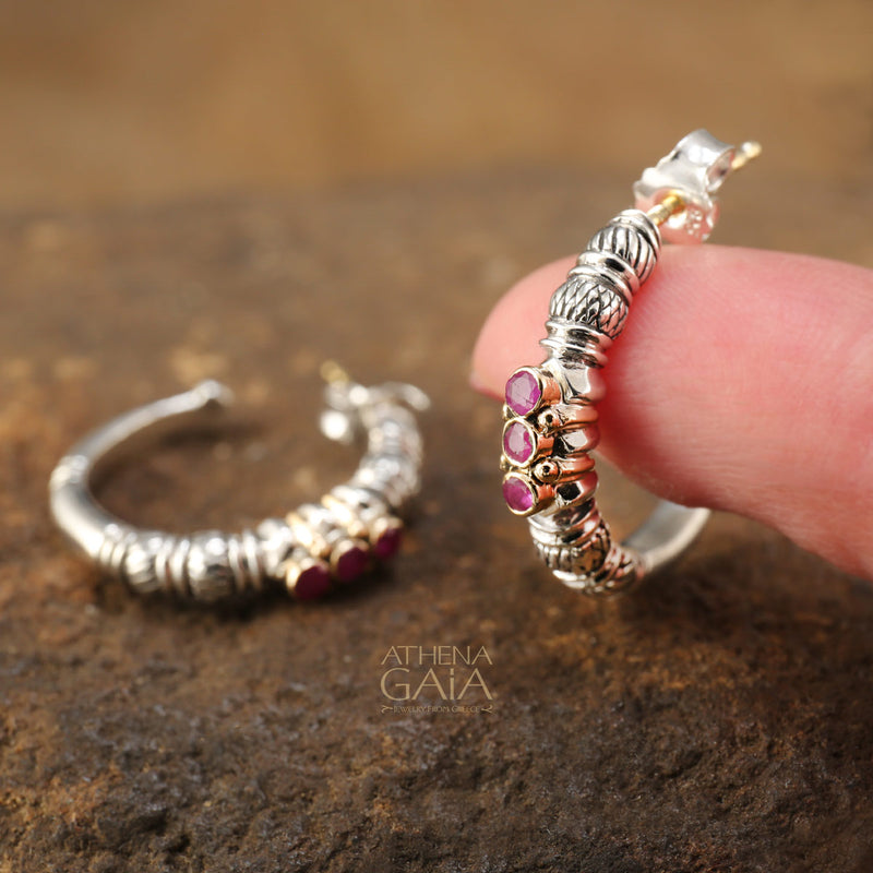 Triple Ruby Hoop Earrings - 18k Gold & Sterling Silver Earrings
