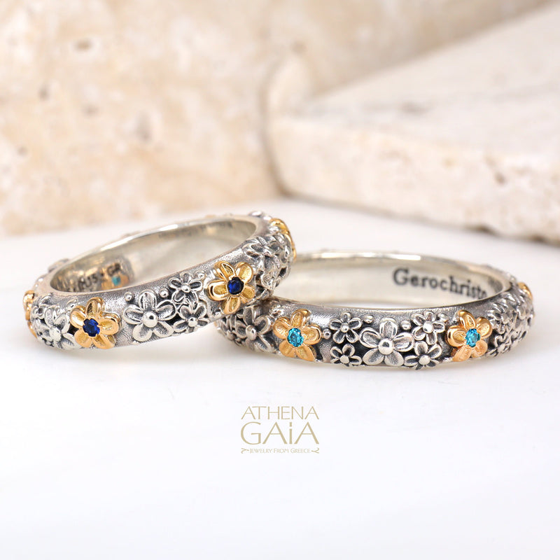 Wild Flowers Stone Band Ring - 18k Gold & Sterling Silver Ring - Stackable Ring