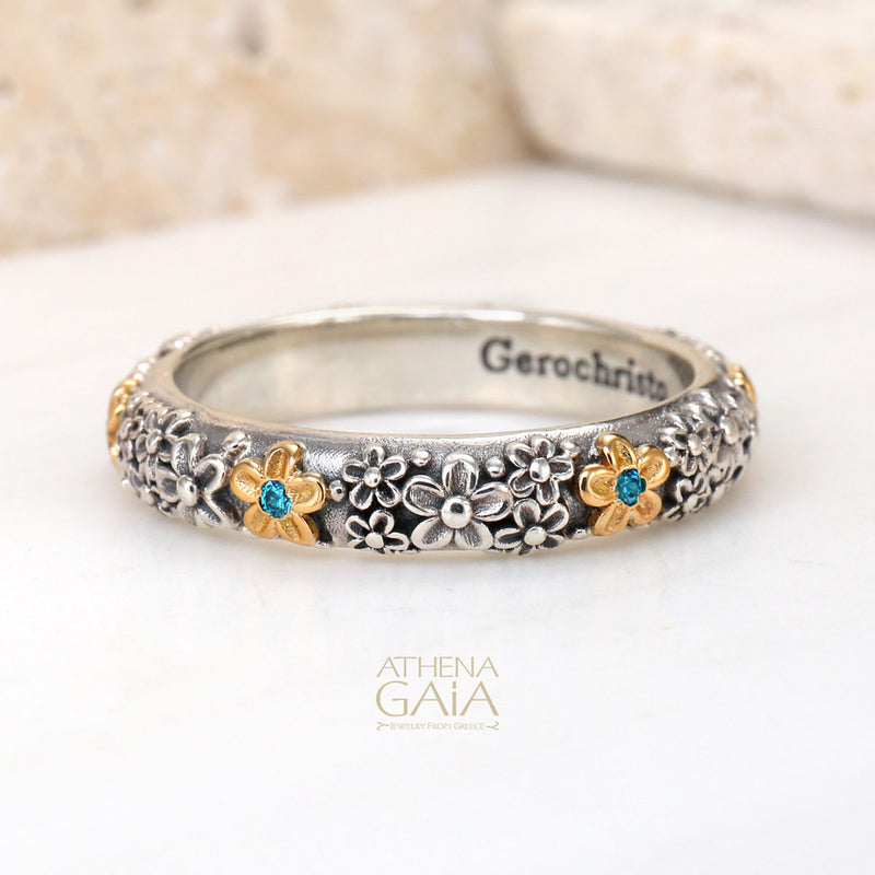 Wild Flowers Stone Band Ring - 18k Gold & Sterling Silver Ring - Stackable Ring