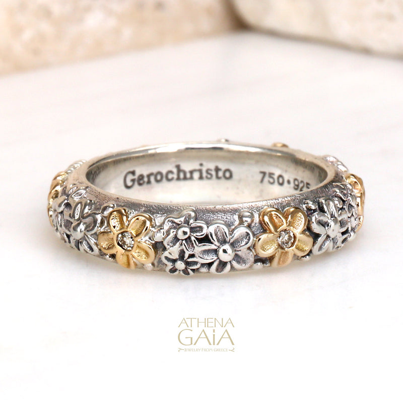 Wild Flowers Stone Band Ring - 18k Gold & Sterling Silver Ring - Stackable Ring