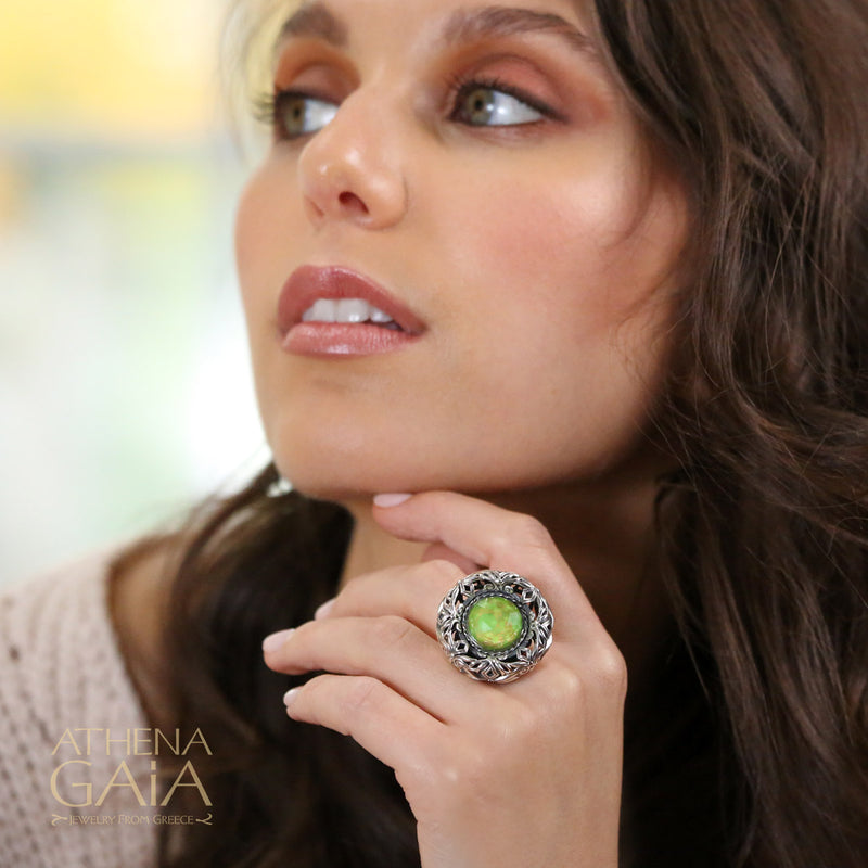Byzantine Button Filigree Ring - Sterling Silver Ring - Cocktail Ring - Large Stone Ring