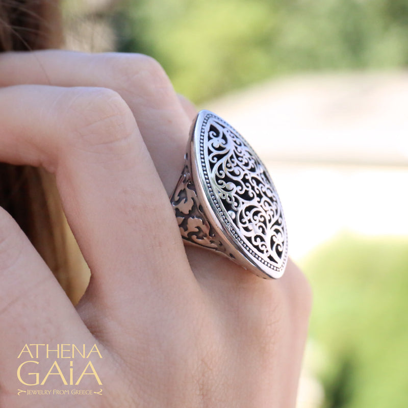 Marquise Long Filigree Ring - Sterling Silver Ring - Cocktail Ring