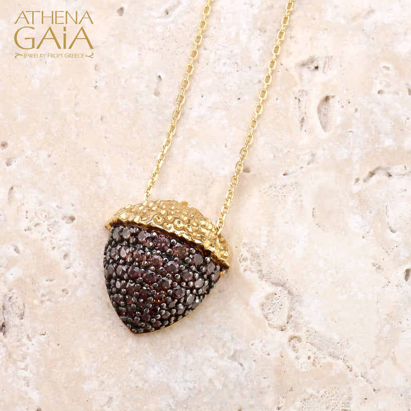 Pave Stoned Acorn Necklace - 14k Gold Necklace
